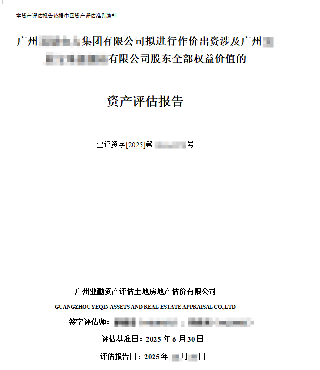 广州集团公司股权作价出资价值评估真实案例